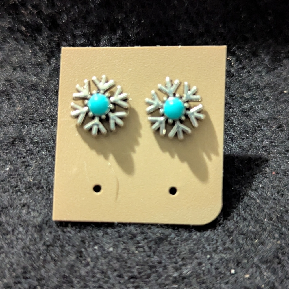 Silver Tone Turquoise Blue Color Snowflake Dainty Stud Statement Earrings